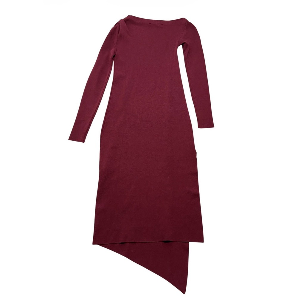 ZARA Burgundy Asymmetrical Midi Dress S Long Sleeve Bodycon Chic - Picture 5 of 9